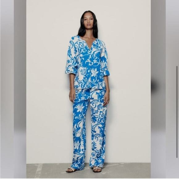 Zara Blue and White PRINTED LINEN BLEND SHIRT - Picture 4 of 9